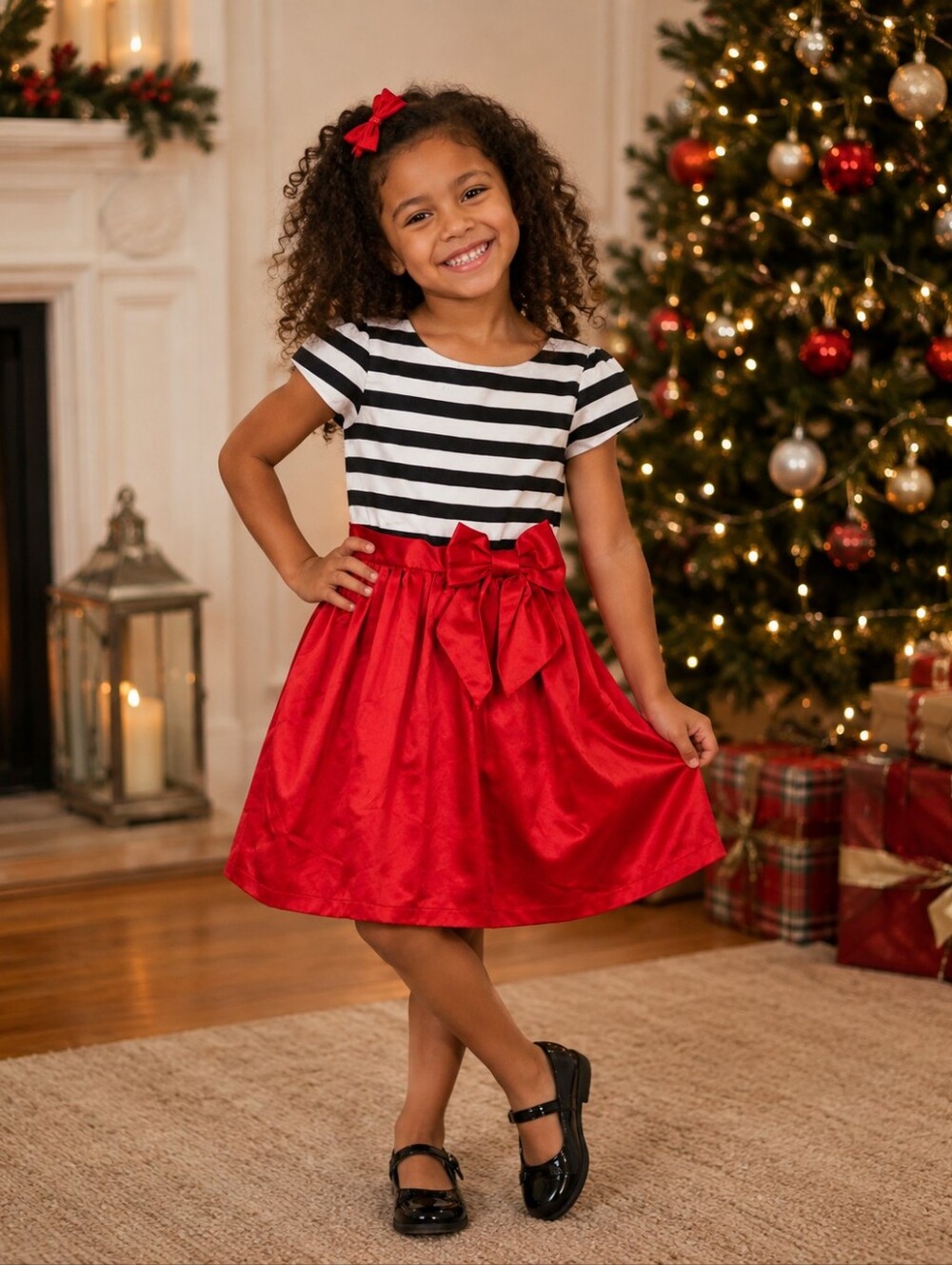 Olivia for Gymboree Girls Size 7 Red Black White Striped Bow Holiday Dress
